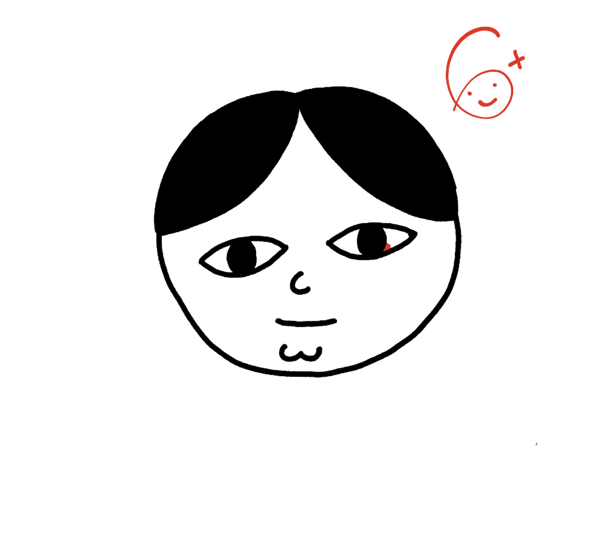 a circle with a hairline, the hair is black and puffy at the top, cleft chin, big dimple. a grade (6+)